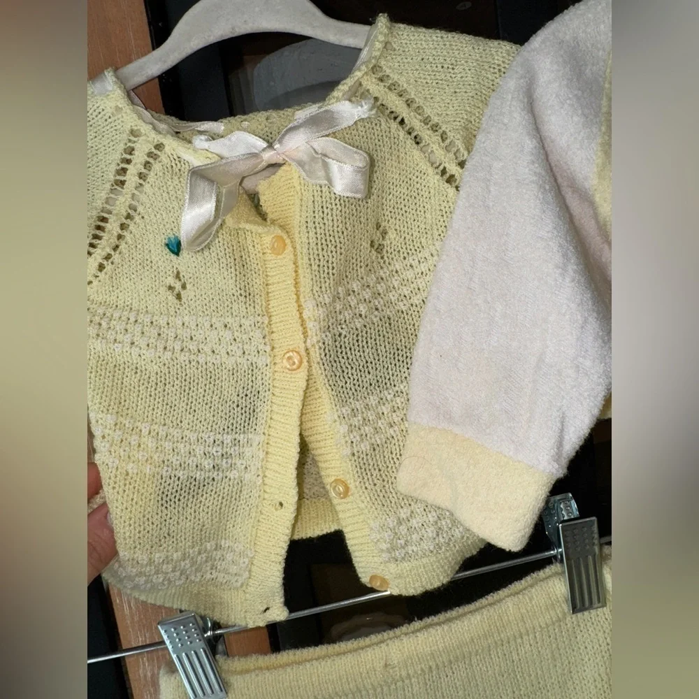 Vintage lot baby newborn knit crochet embroidered butter footies gown chick lamb